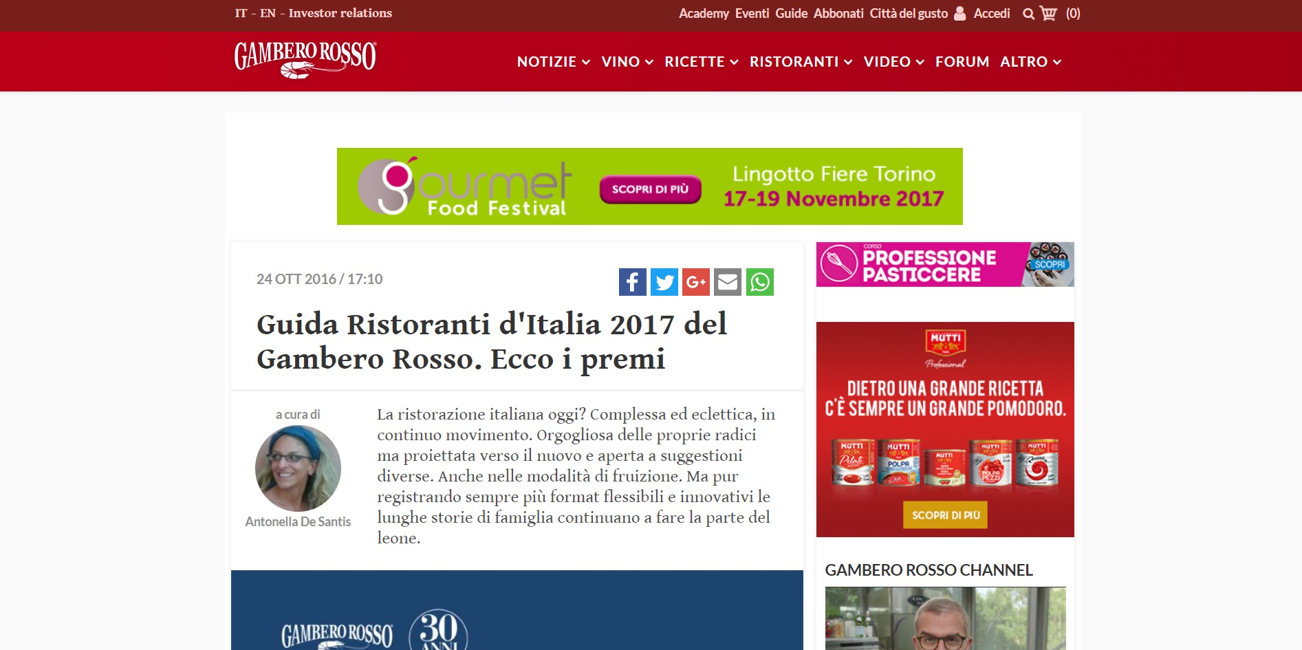 Guida Ristoranti d'Italia 2017 del Gambero Rosso. Ecco i premi